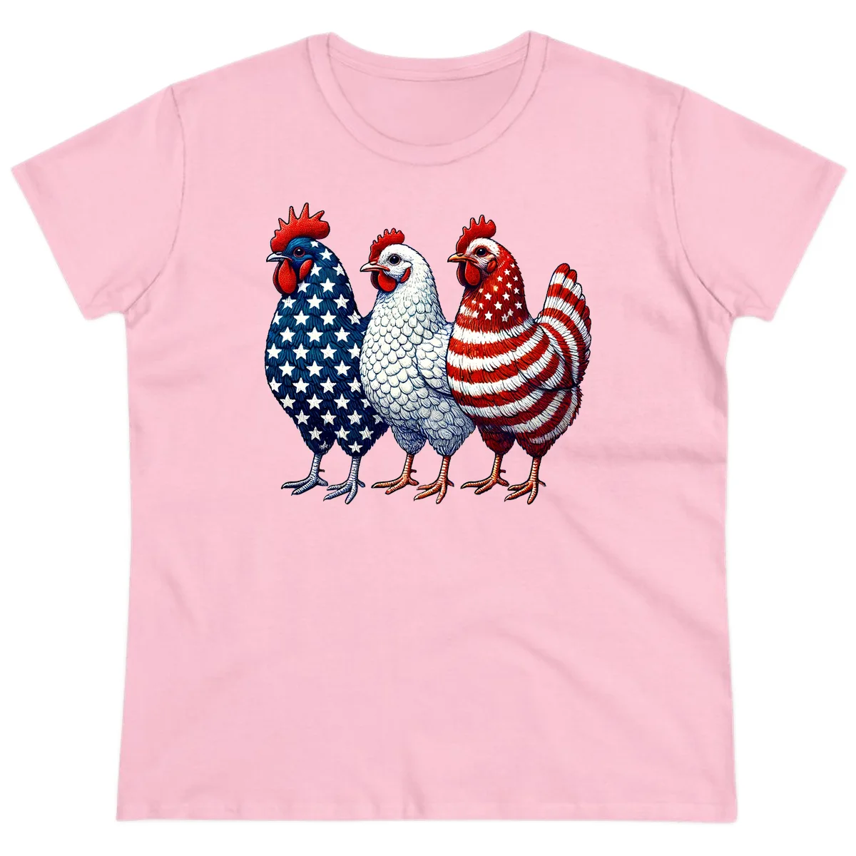 Patriotic Rooster Trio Ladies Tee in Light Pink