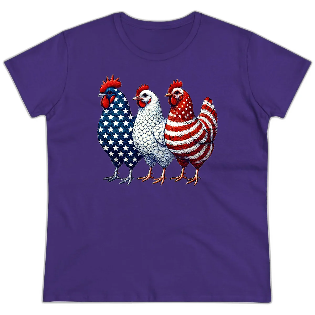 Patriotic Rooster Trio Ladies Tee in Purple