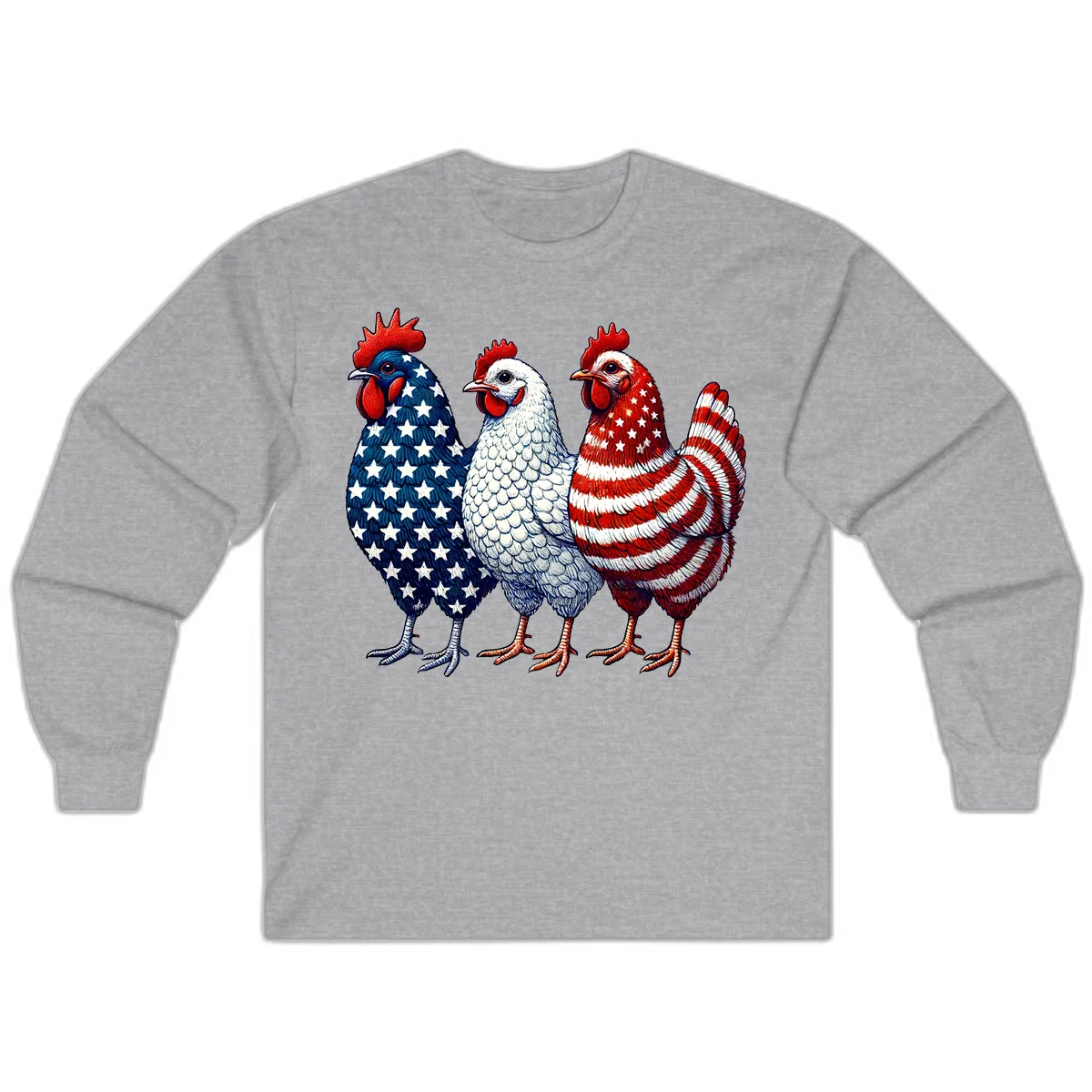 Patriotic Rooster Trio Long Sleeve in Sport Grey