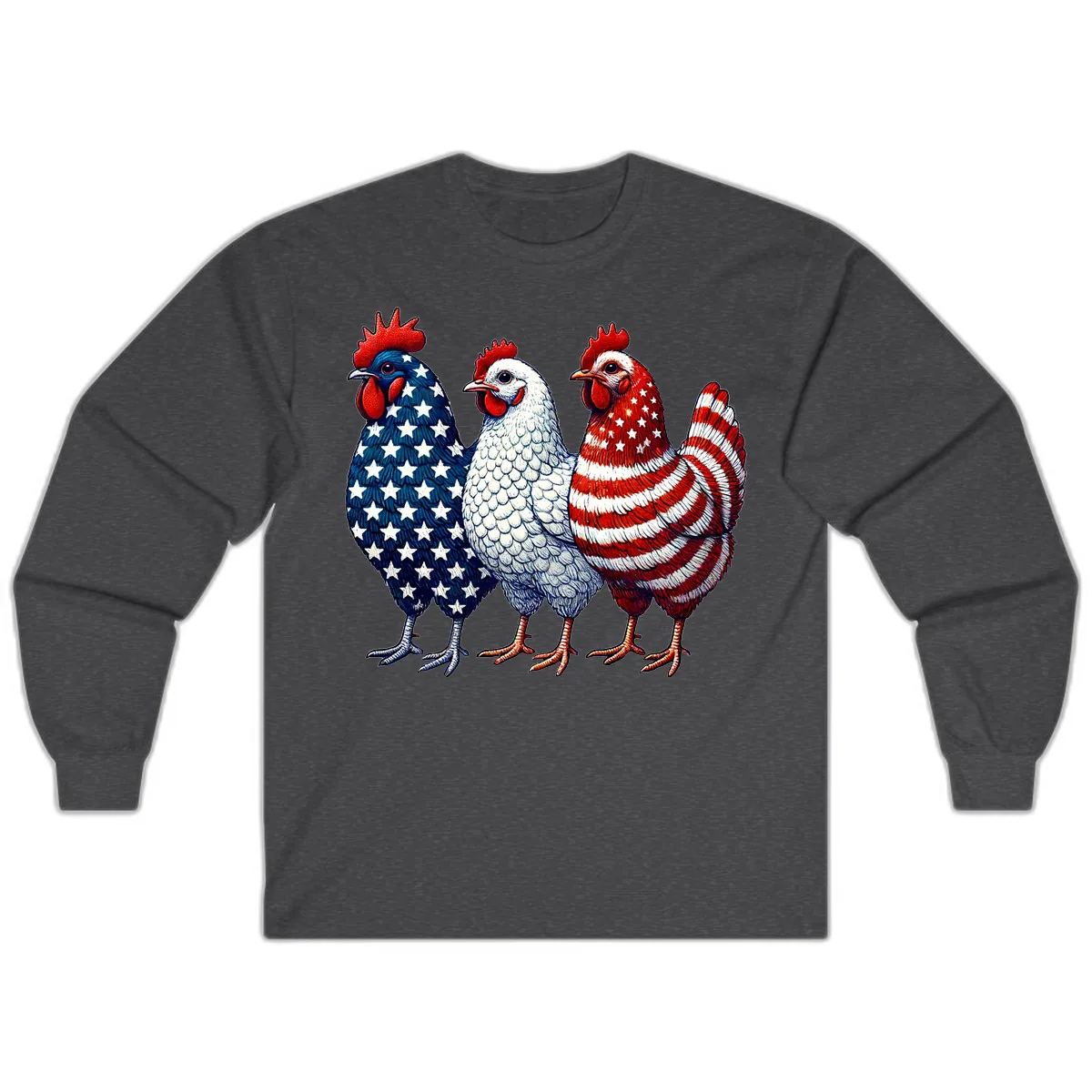 Patriotic Rooster Trio Honoring America's Heritage Long Sleeve in Dark Heather