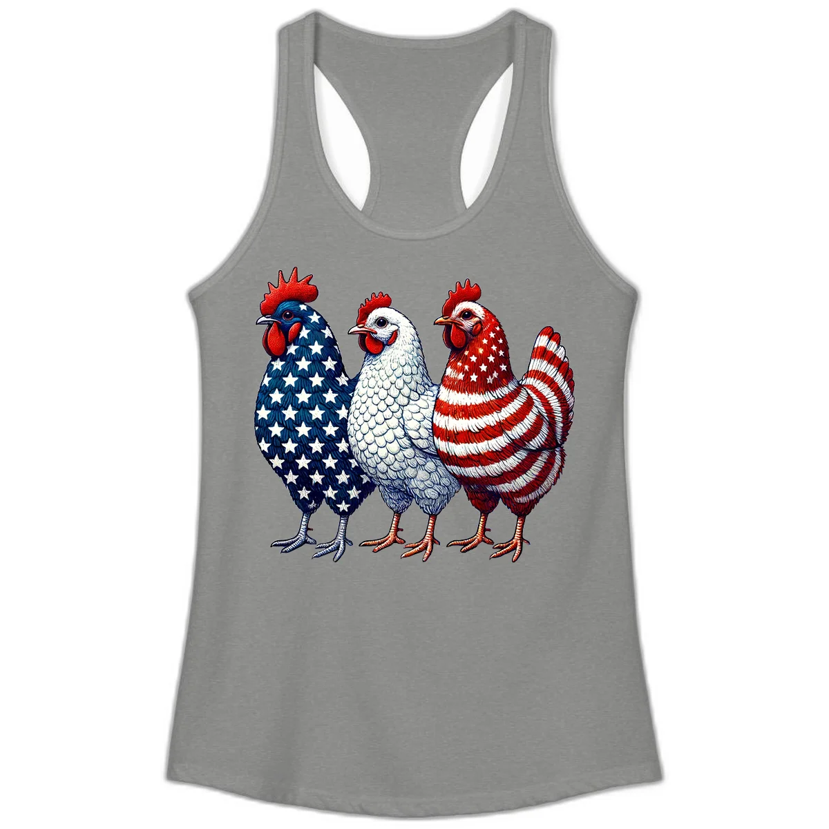 Patriotic Rooster Trio Ladies Tank in Heather Grey
