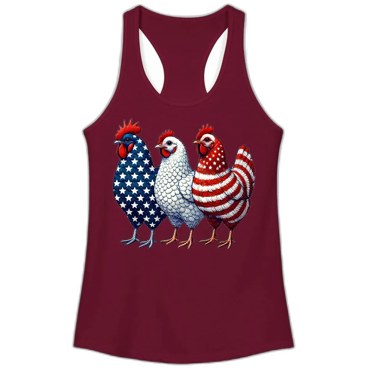 Patriotic Rooster Trio Honoring America's Heritage Ladies Tank in Solid Cardinal Red