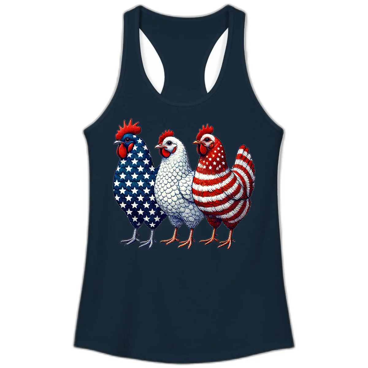 Patriotic Rooster Trio Ladies Tank in Solid Midnight Navy