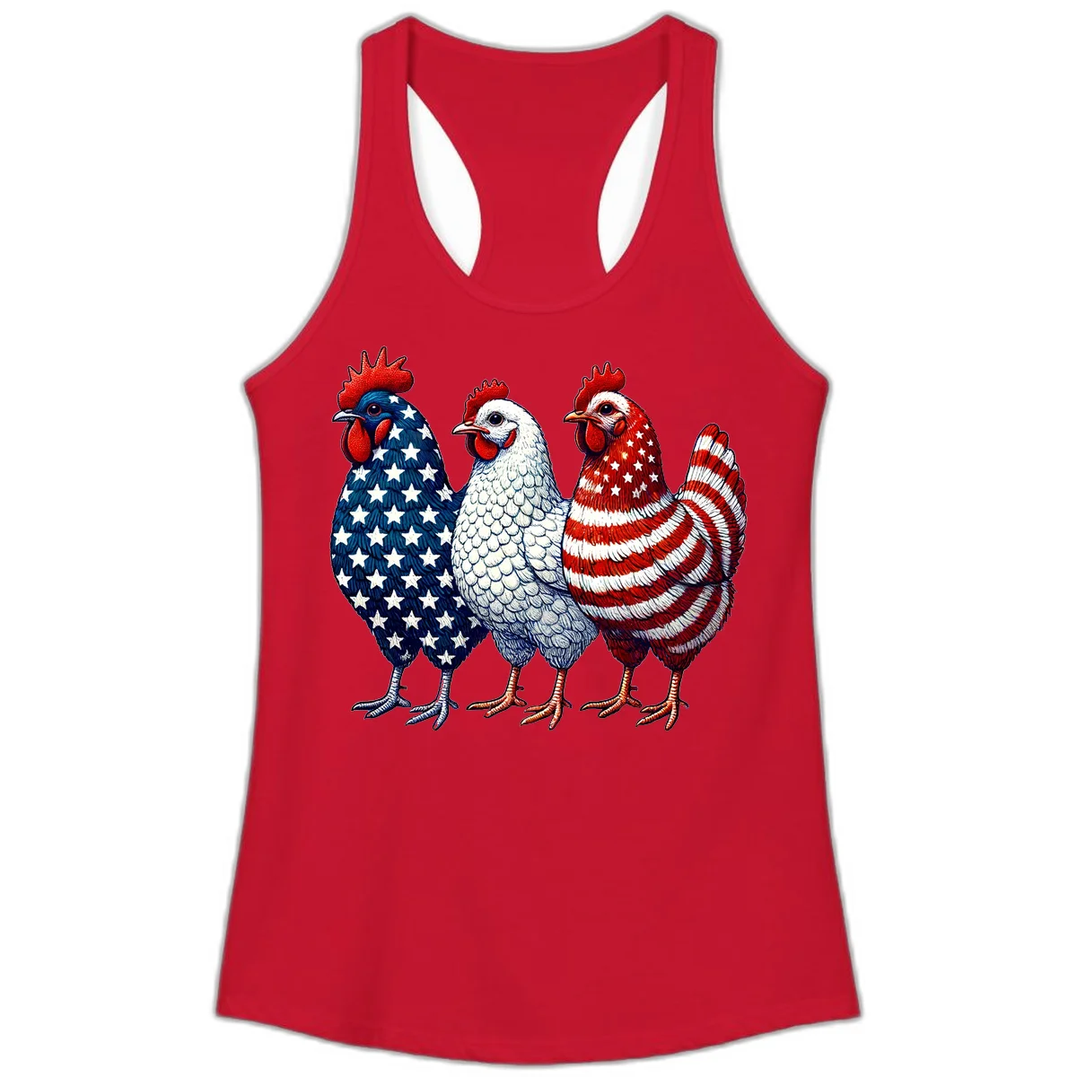 Patriotic Rooster Trio Ladies Tank in Solid Red