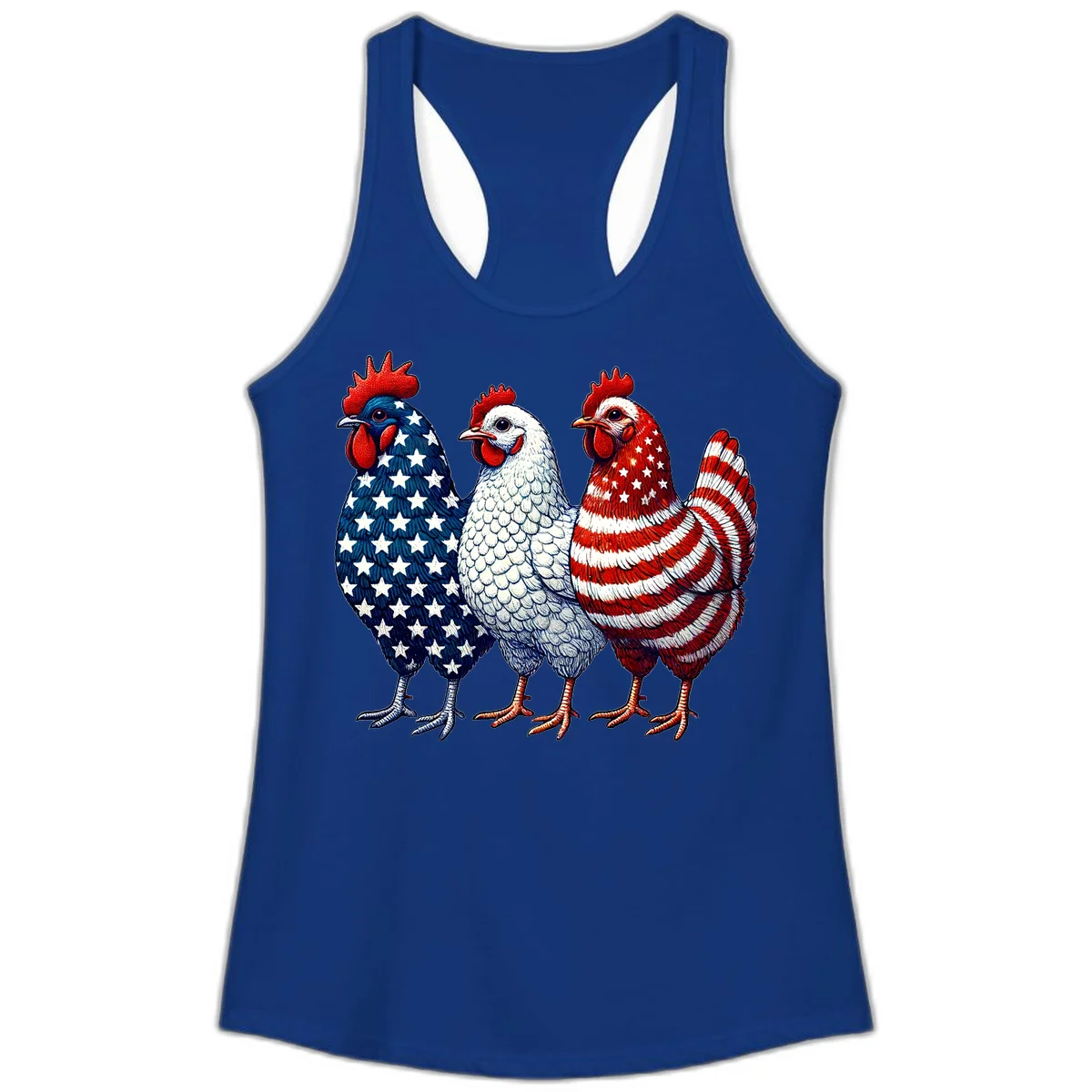 Patriotic Rooster Trio Ladies Tank in Solid Royal