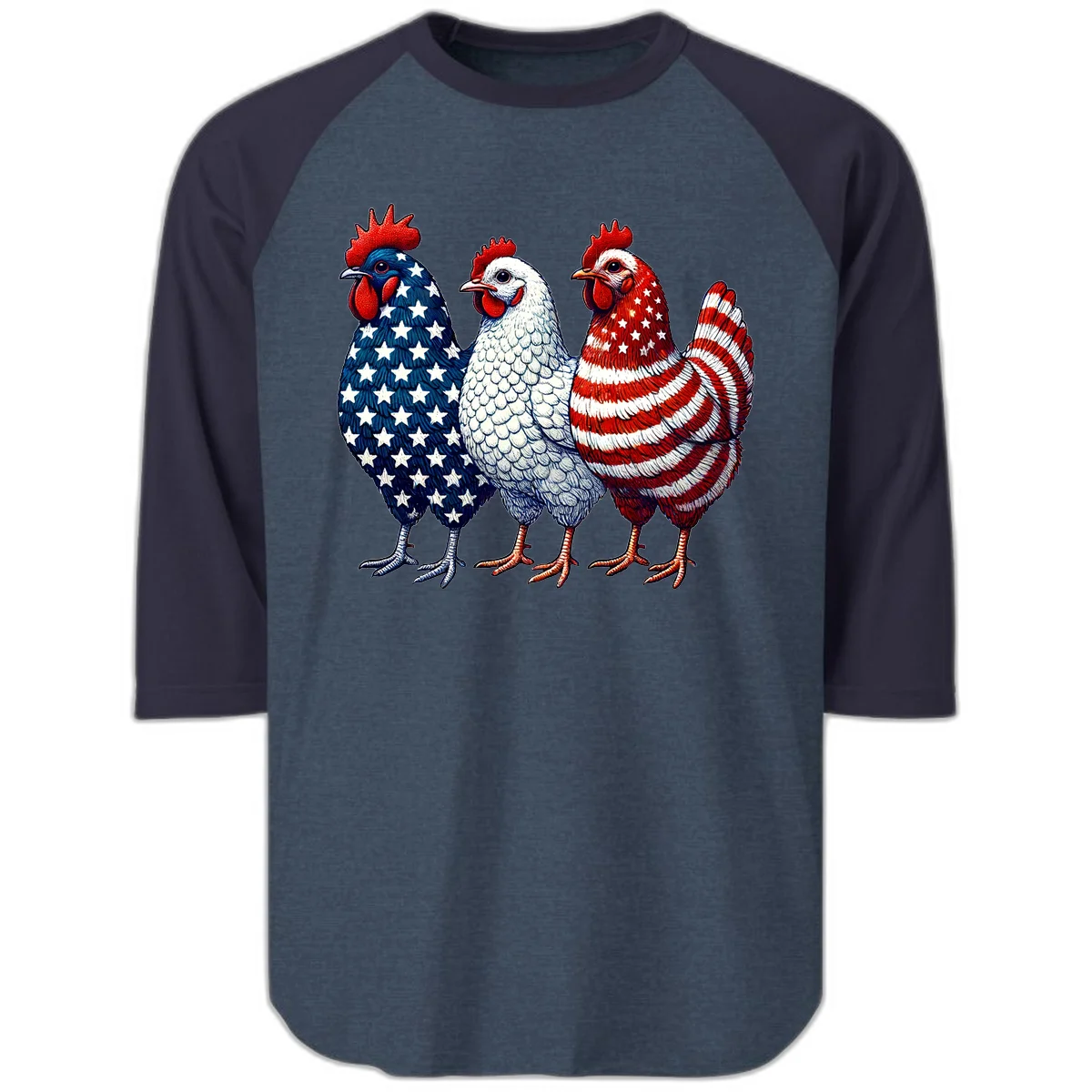 Patriotic Rooster Trio Raglan 3/4 in Heather Denim Navy