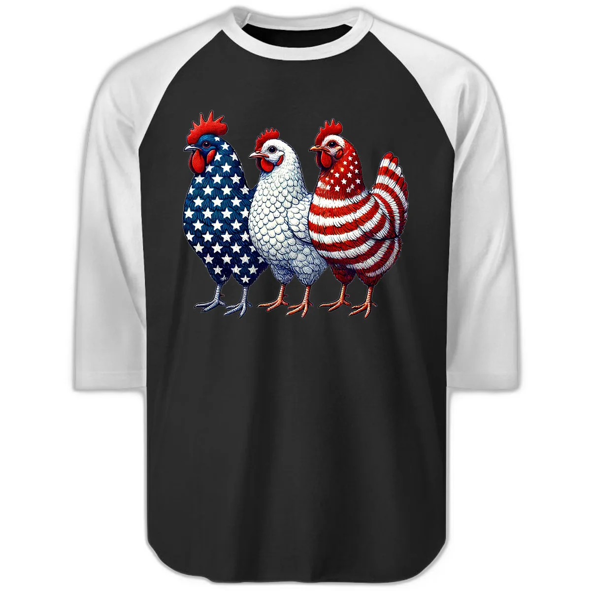 Patriotic Rooster Trio Honoring America's Heritage Raglan 3/4 in Black White