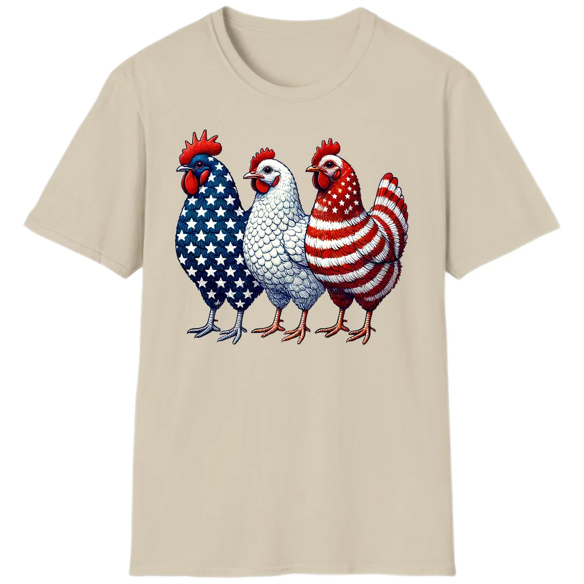 Patriotic Rooster Trio T-Shirt in Sand