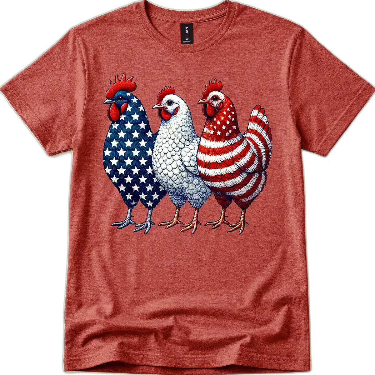 Patriotic Rooster Trio Honoring America's Heritage T-Shirt in Heather Cardinal