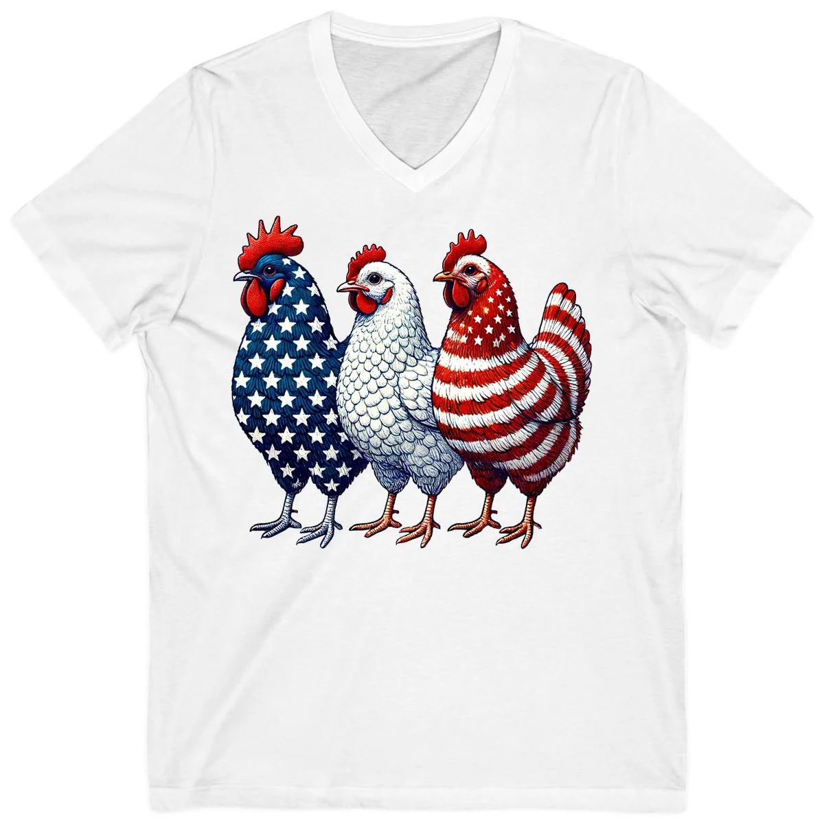 Patriotic Rooster Trio V-Neck in White