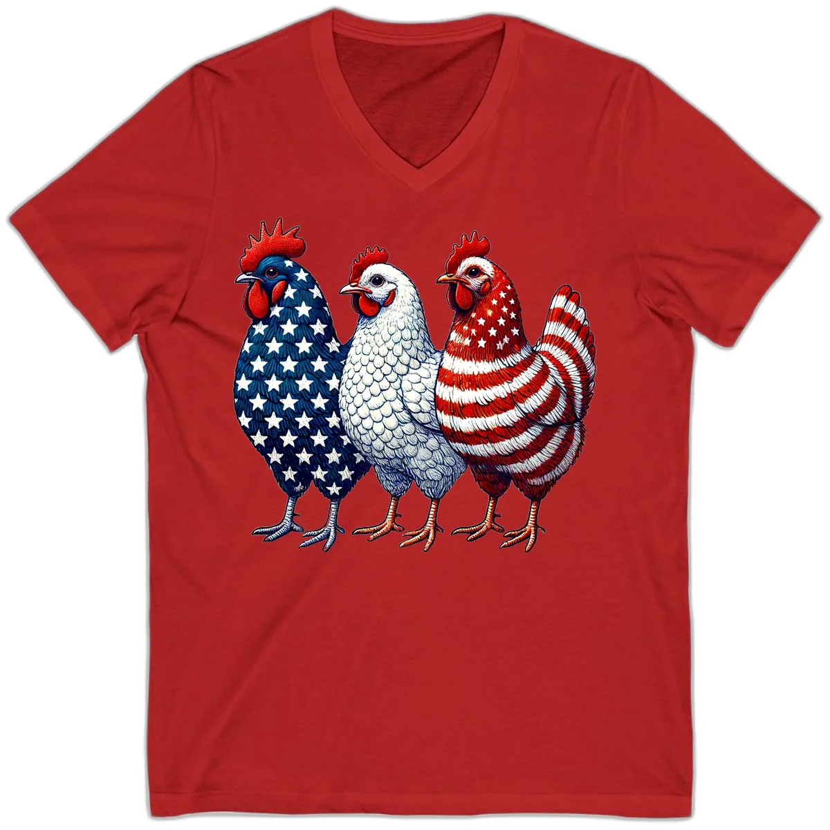 Patriotic Rooster Trio V-Neck in Red