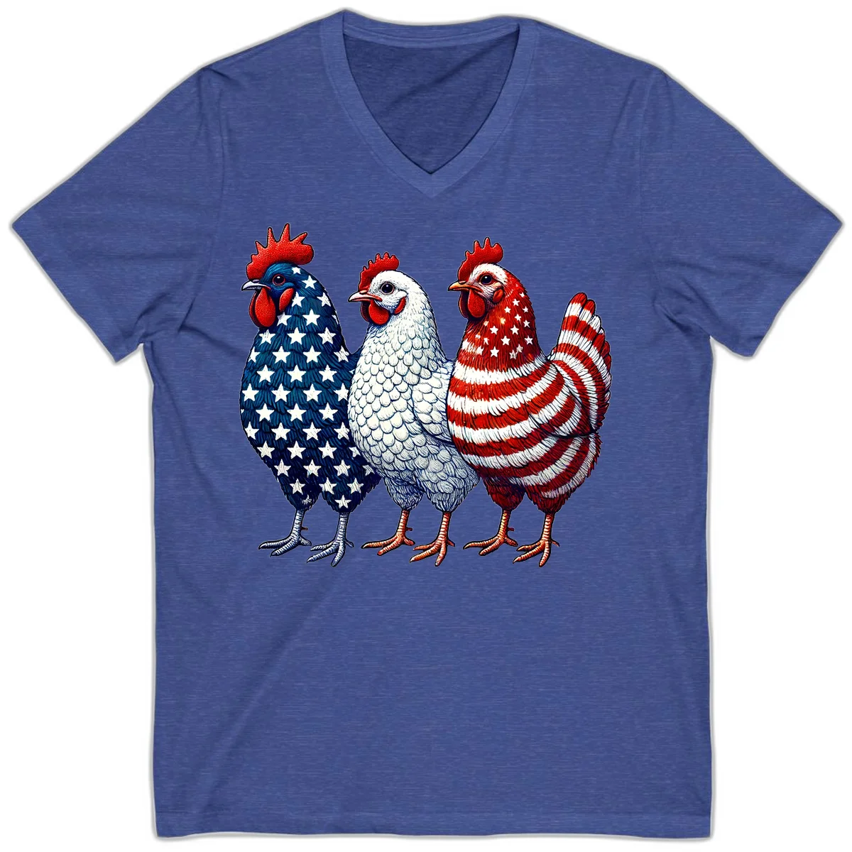 Patriotic Rooster Trio V-Neck in Heather True Royal