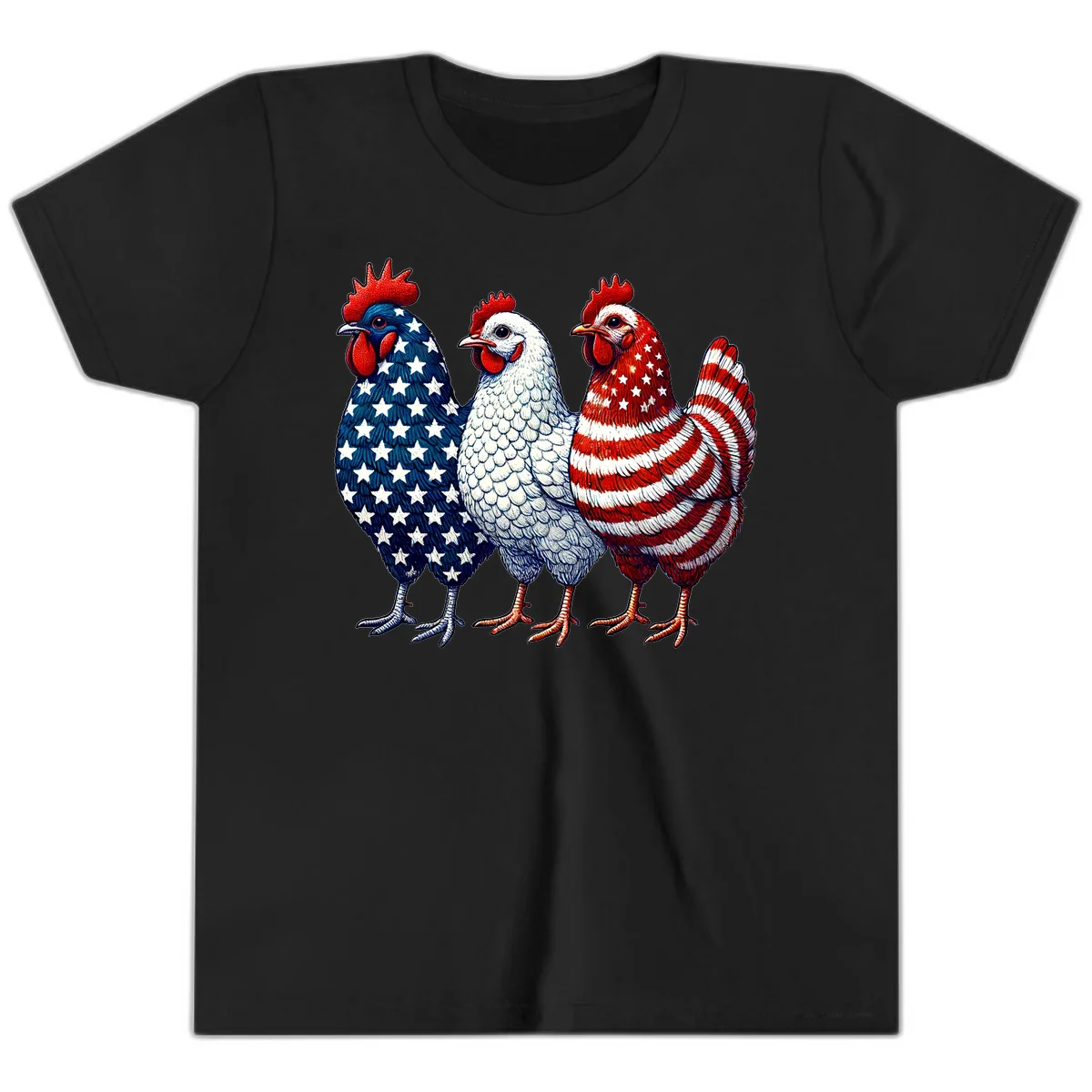 Patriotic Rooster Trio Youth T-Shirt in Black