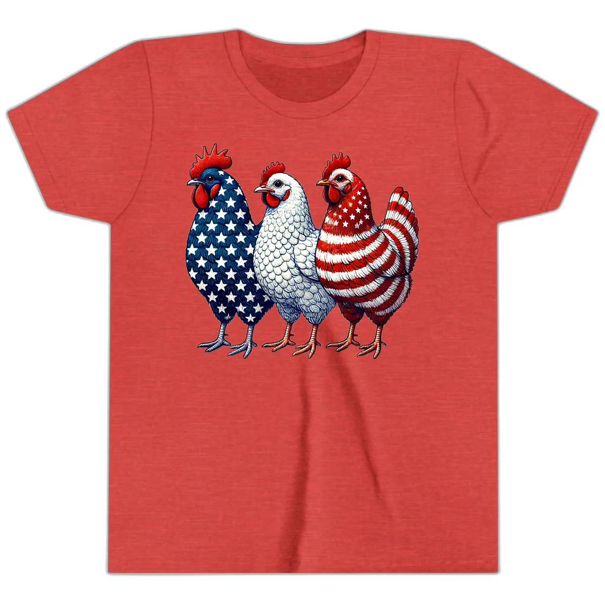 Patriotic Rooster Trio Honoring America's Heritage Youth T-Shirt in Heather Red