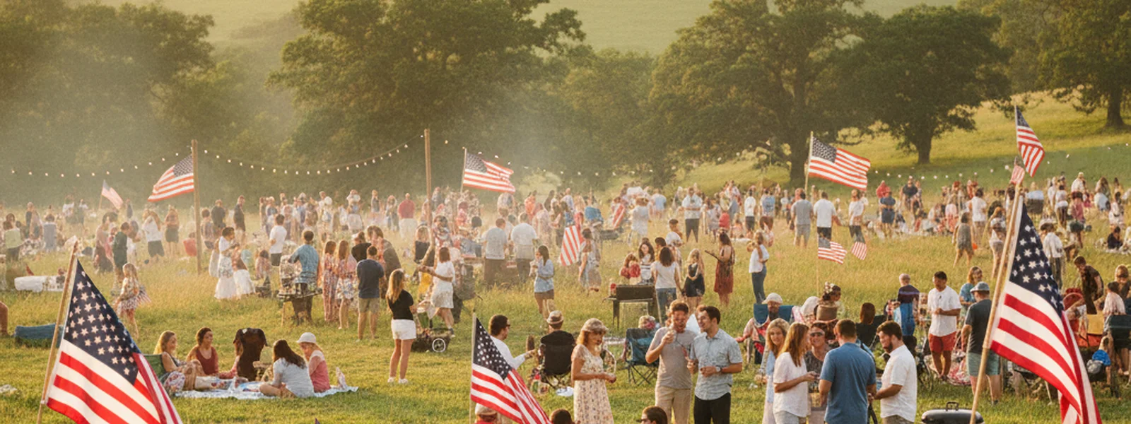 Patriotic American celebration scene with flags and warm summer light representing the EST 1776 brand story
