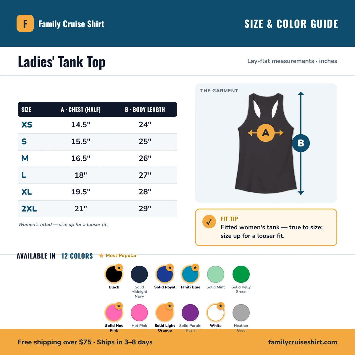 Ladies Tank size & color guide