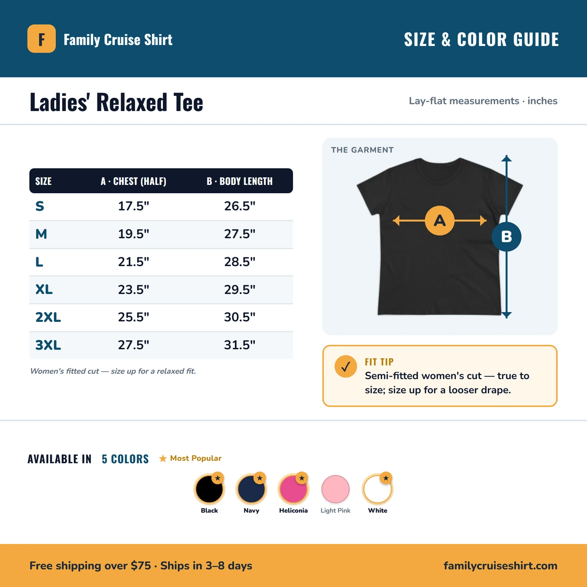 Ladies Tee size & color guide