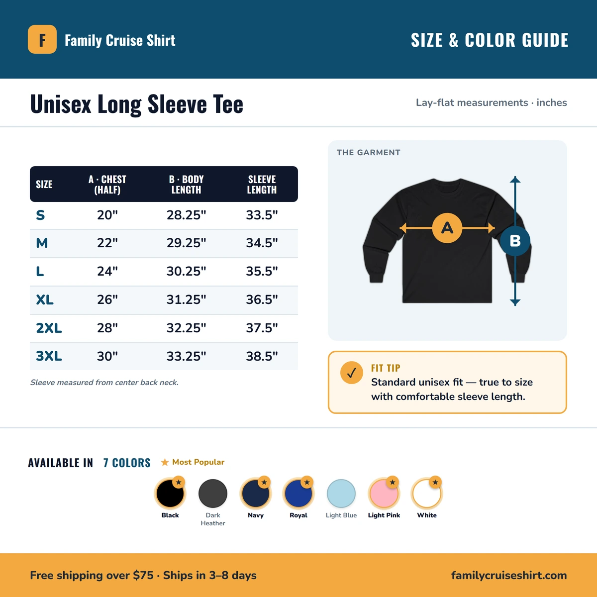 Long Sleeve size & color guide