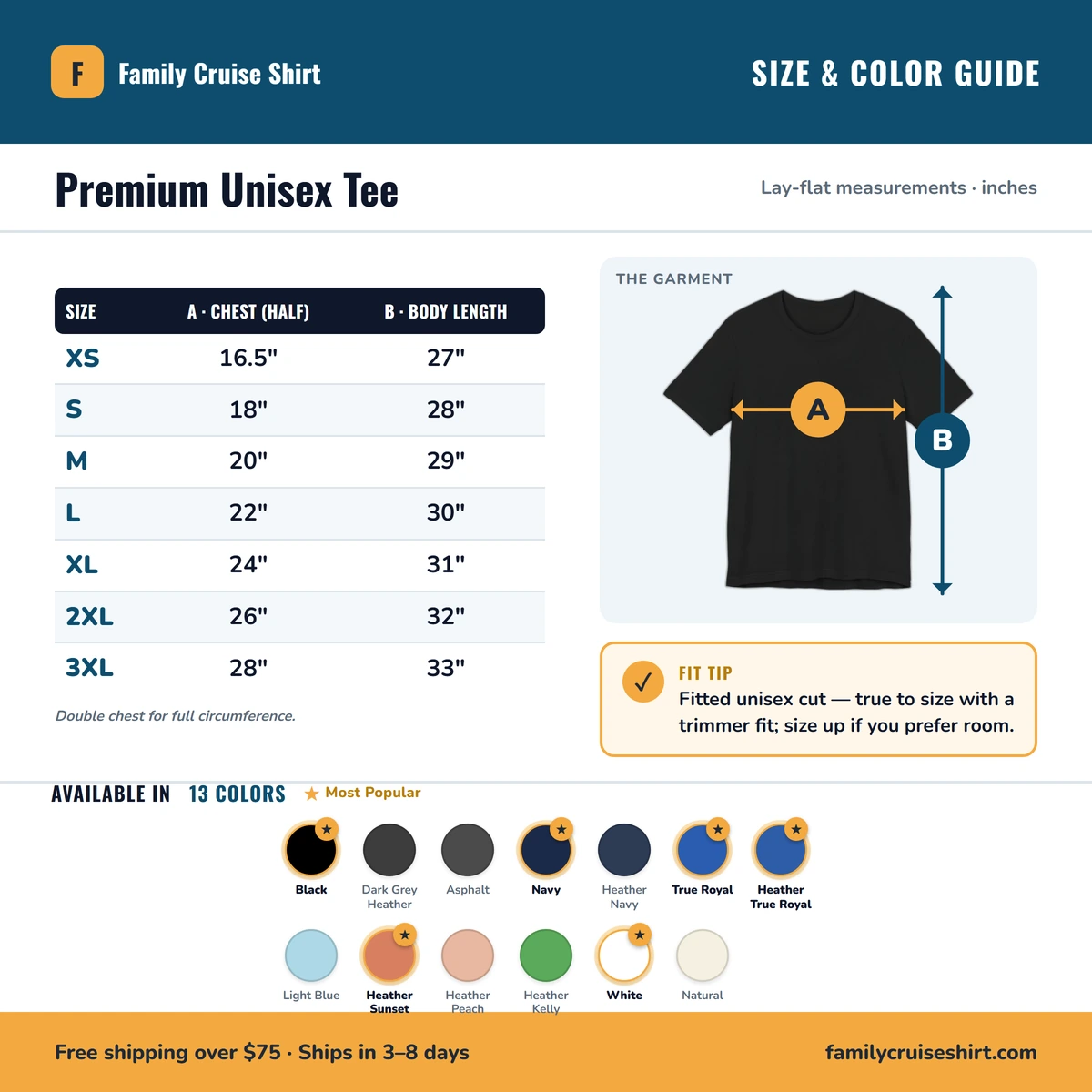 Premium T-Shirt size & color guide