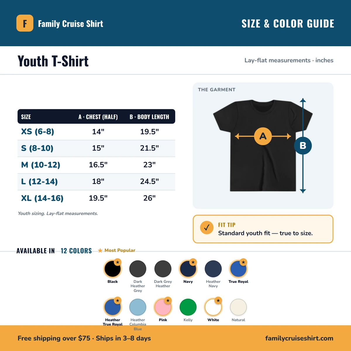 Youth T-Shirt size & color guide