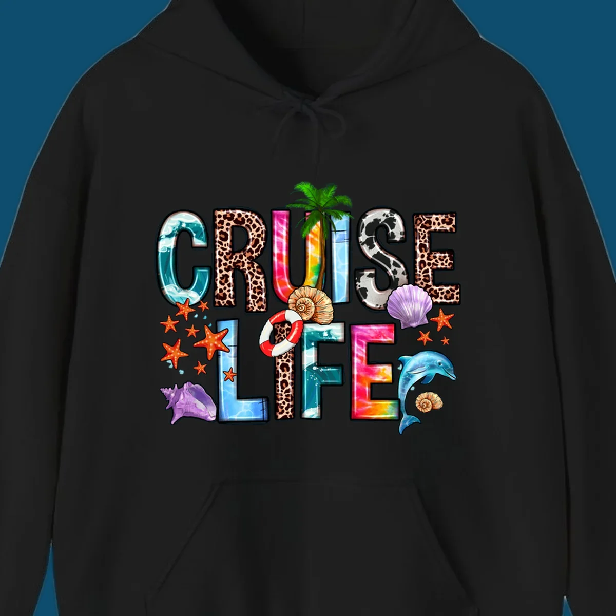 A vibrant 'CRUISE LIFE' design featuring ocean patterns, leopard print, tie-dye, and beach elements like starfish and a dolphin.