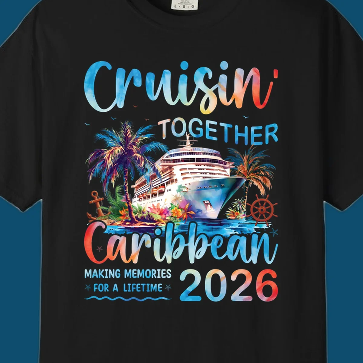 Vibrant watercolor design for a cruisin-together-caribbean-2026 trip, featuring a cruise ship, palm trees, and tropical elements.