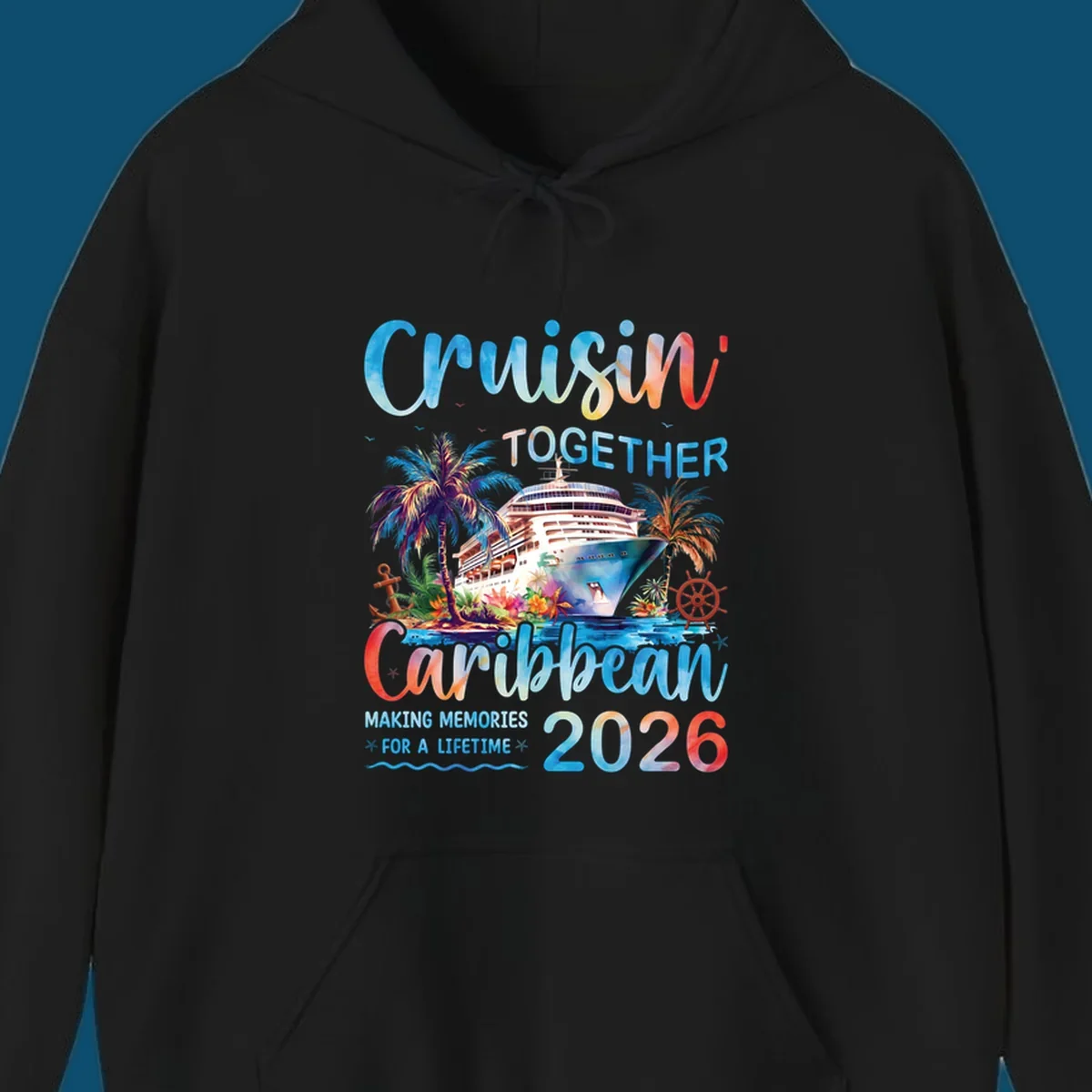 Vibrant watercolor design for a cruisin-together-caribbean-2026 trip, featuring a cruise ship, palm trees, and tropical elements.