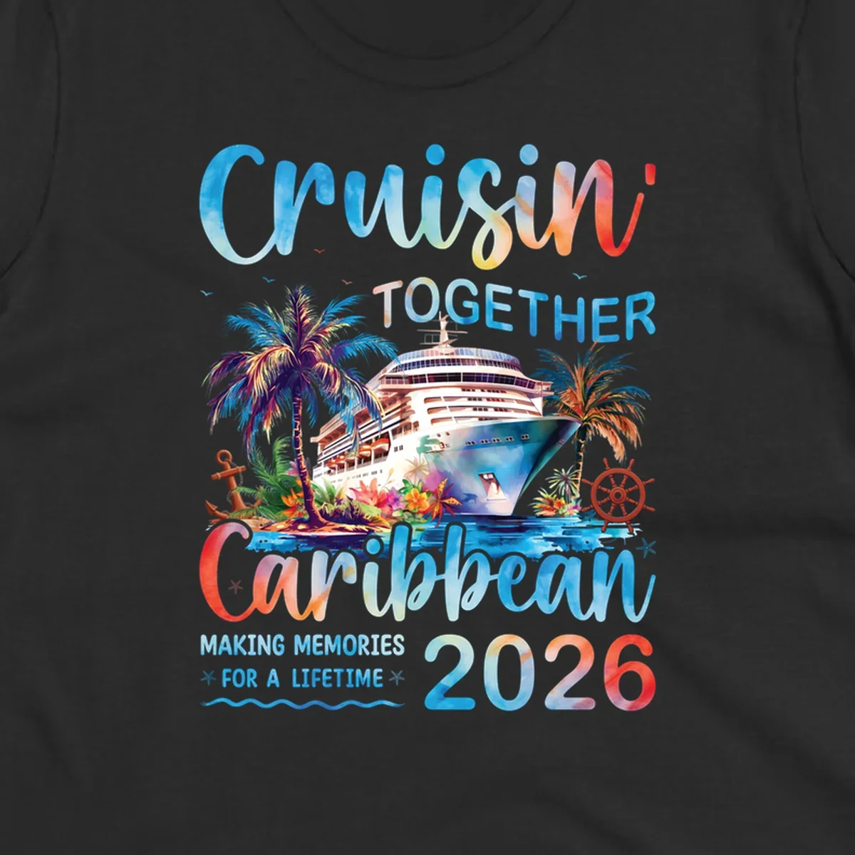 Vibrant watercolor design for a cruisin-together-caribbean-2026 trip, featuring a cruise ship, palm trees, and tropical elements.