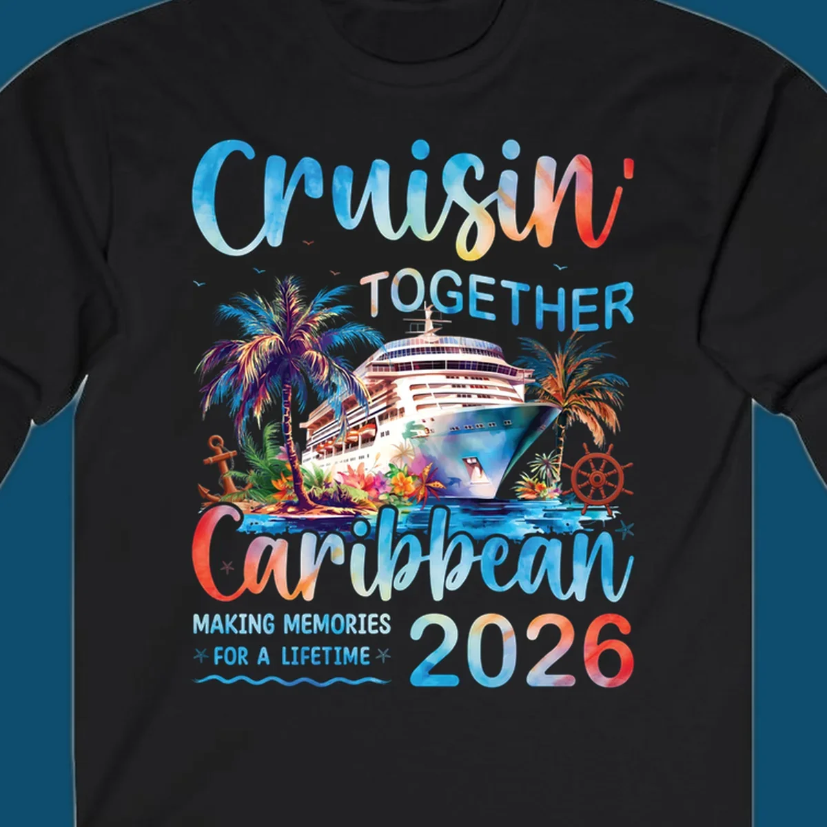 Vibrant watercolor design for a cruisin-together-caribbean-2026 trip, featuring a cruise ship, palm trees, and tropical elements.