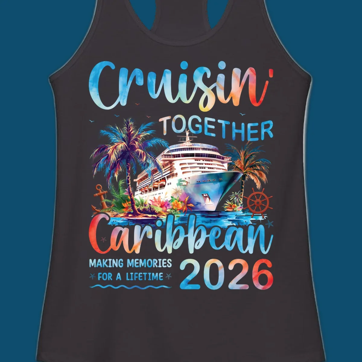 Vibrant watercolor design for a cruisin-together-caribbean-2026 trip, featuring a cruise ship, palm trees, and tropical elements.