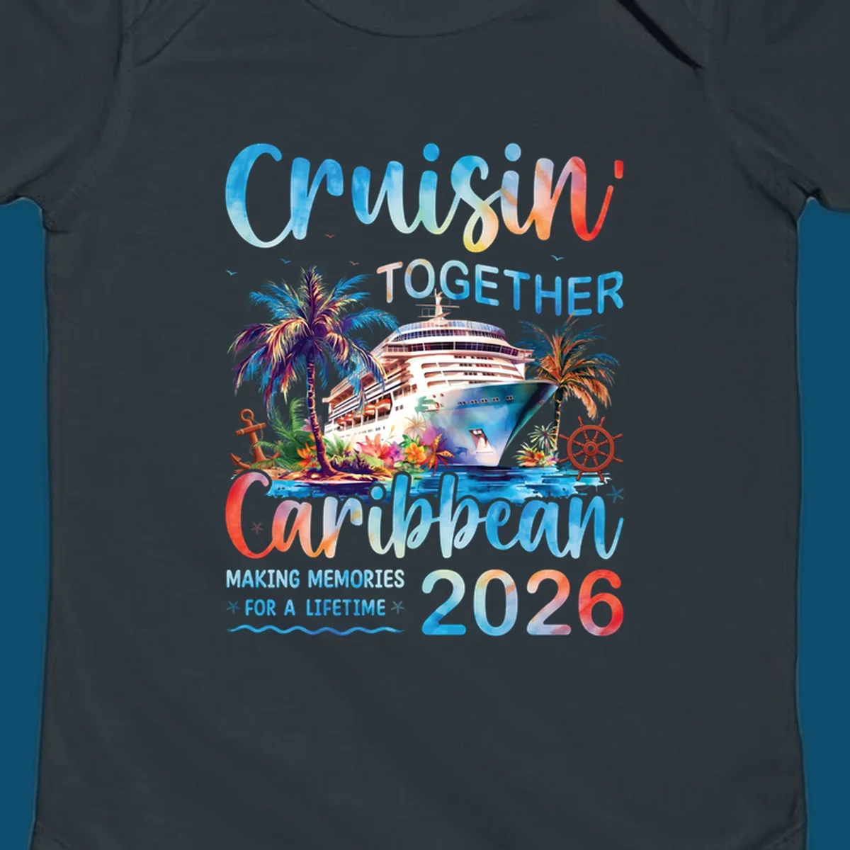Vibrant watercolor design for a cruisin-together-caribbean-2026 trip, featuring a cruise ship, palm trees, and tropical elements.