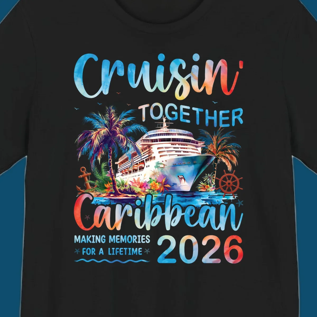 Vibrant watercolor design for a cruisin-together-caribbean-2026 trip, featuring a cruise ship, palm trees, and tropical elements.