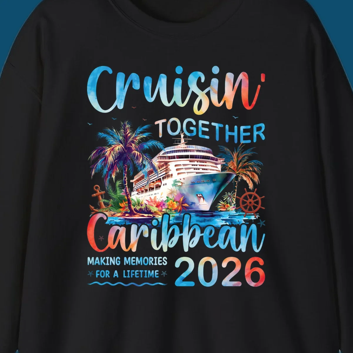 Vibrant watercolor design for a cruisin-together-caribbean-2026 trip, featuring a cruise ship, palm trees, and tropical elements.