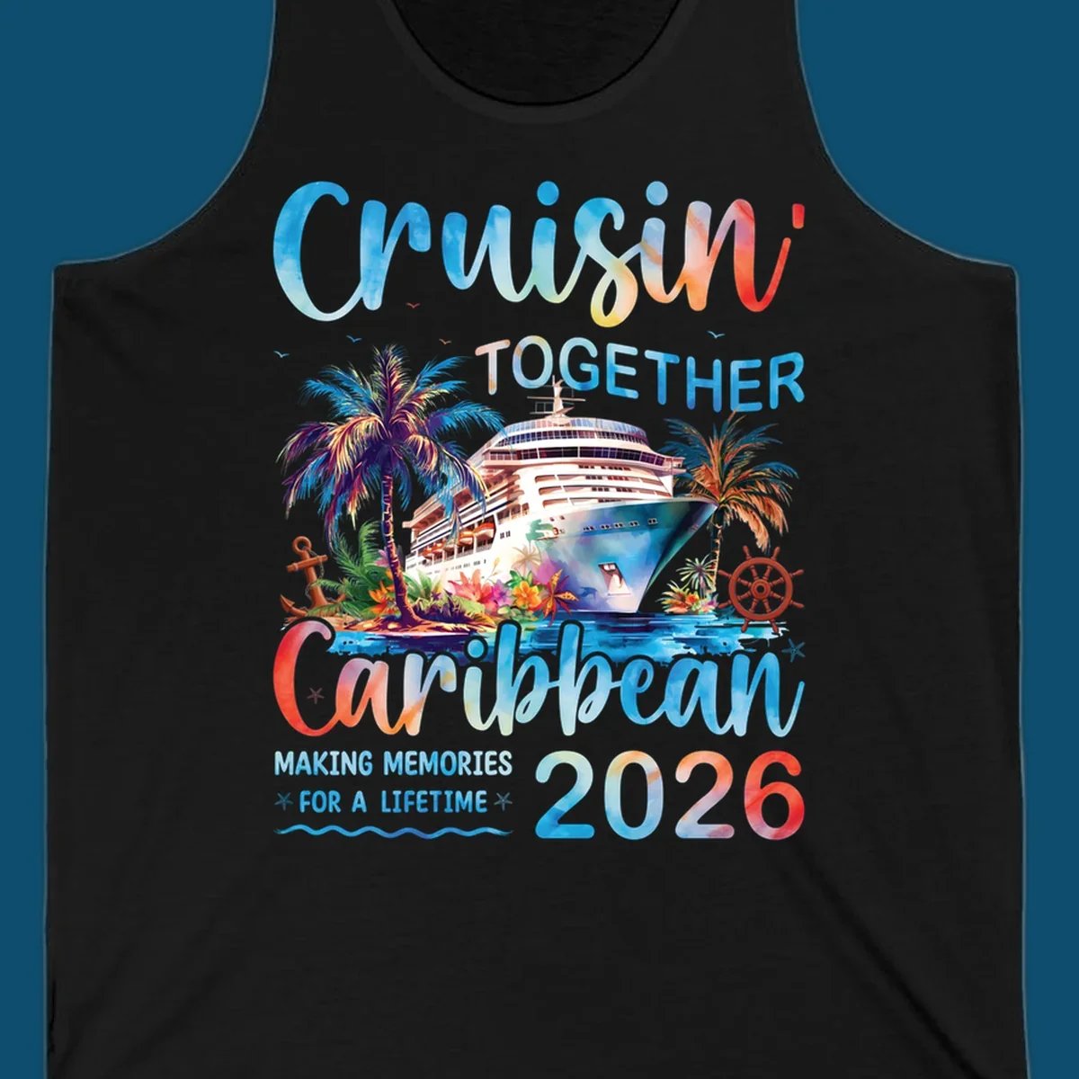 Vibrant watercolor design for a cruisin-together-caribbean-2026 trip, featuring a cruise ship, palm trees, and tropical elements.