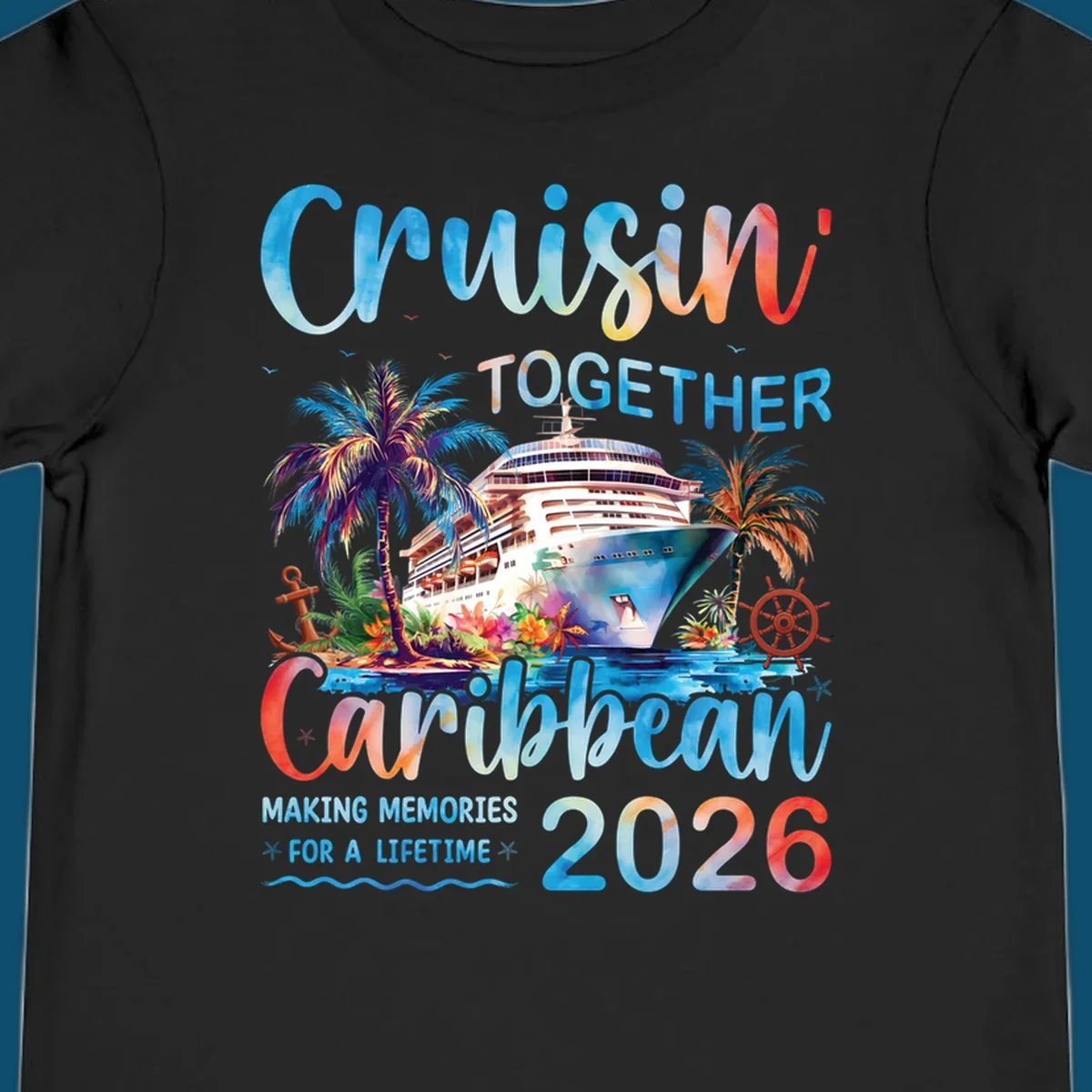 Vibrant watercolor design for a cruisin-together-caribbean-2026 trip, featuring a cruise ship, palm trees, and tropical elements.