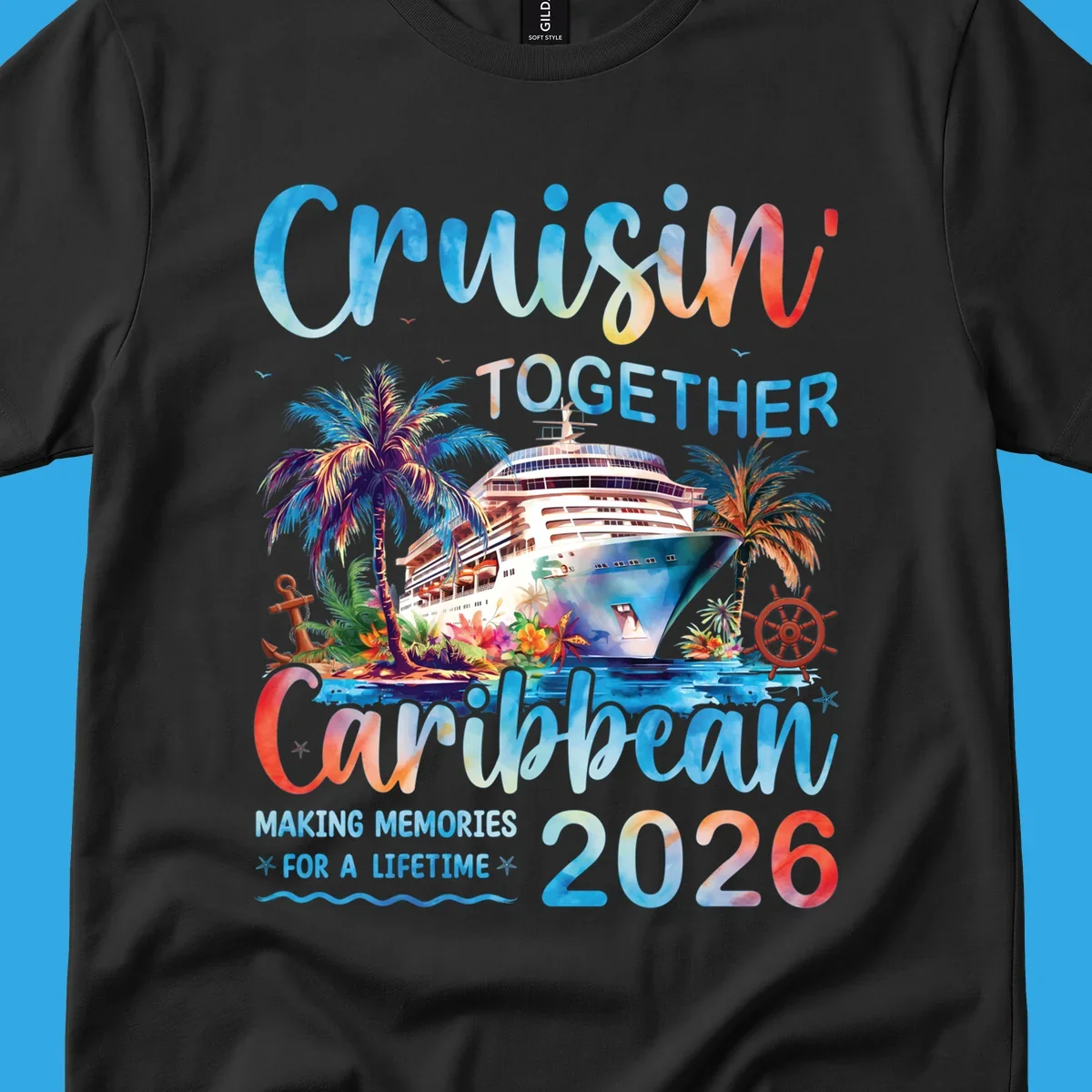 Vibrant watercolor design for a cruisin-together-caribbean-2026 trip, featuring a cruise ship, palm trees, and tropical elements.