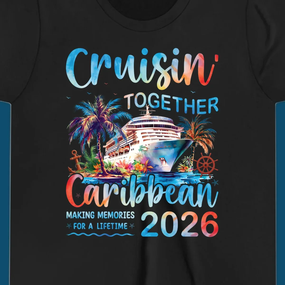 Vibrant watercolor design for a cruisin-together-caribbean-2026 trip, featuring a cruise ship, palm trees, and tropical elements.