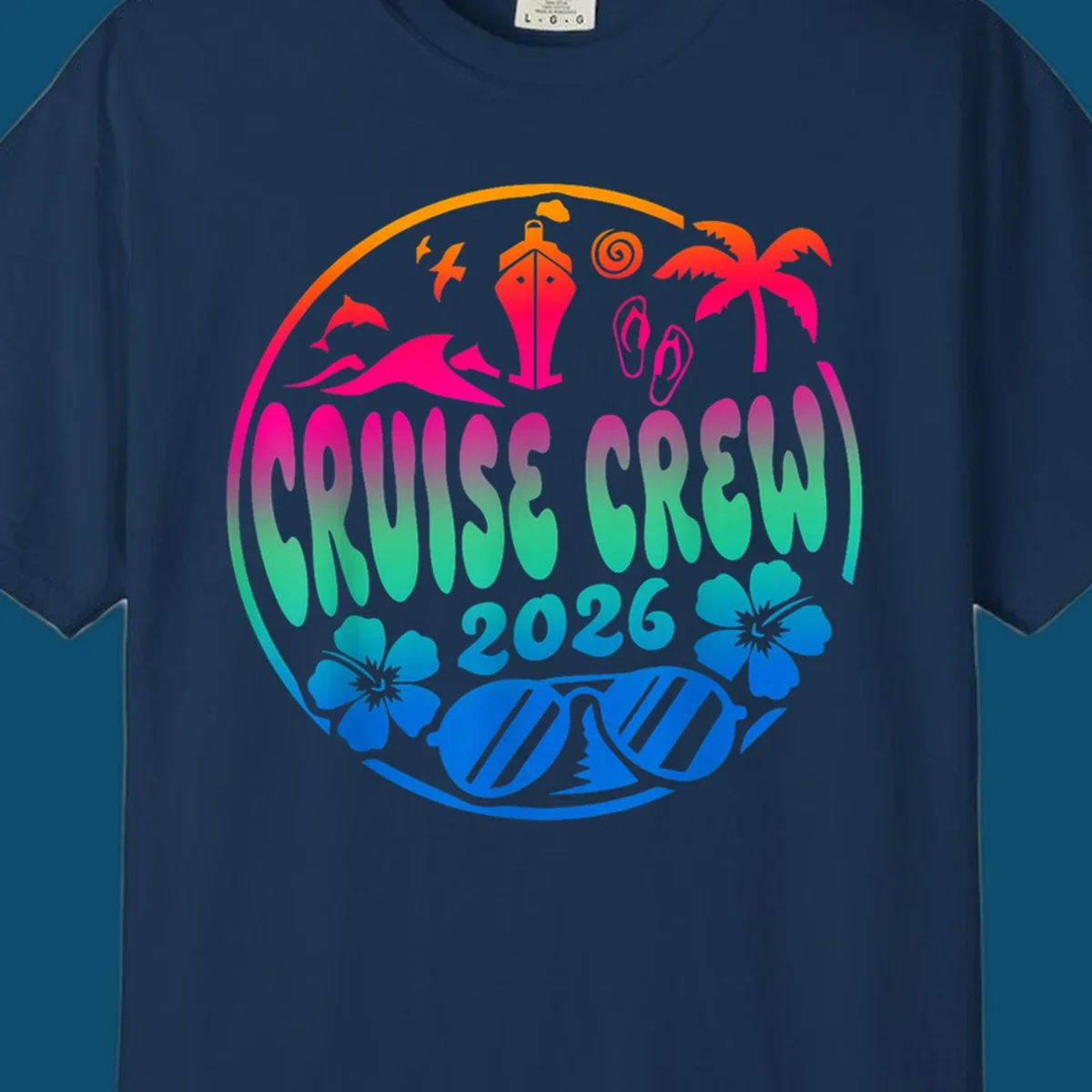 A colorful circular graphic for a family cruise crew 2026, featuring a ship, palm tree, dolphins, flowers, and sunglasses.