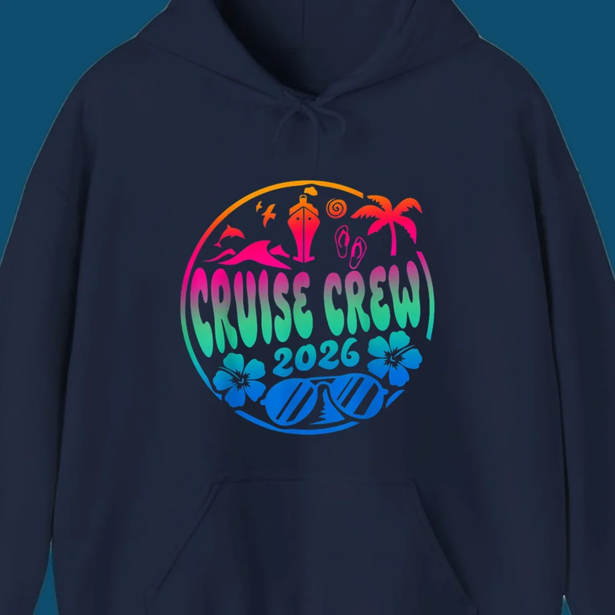 A colorful circular graphic for a family cruise crew 2026, featuring a ship, palm tree, dolphins, flowers, and sunglasses.