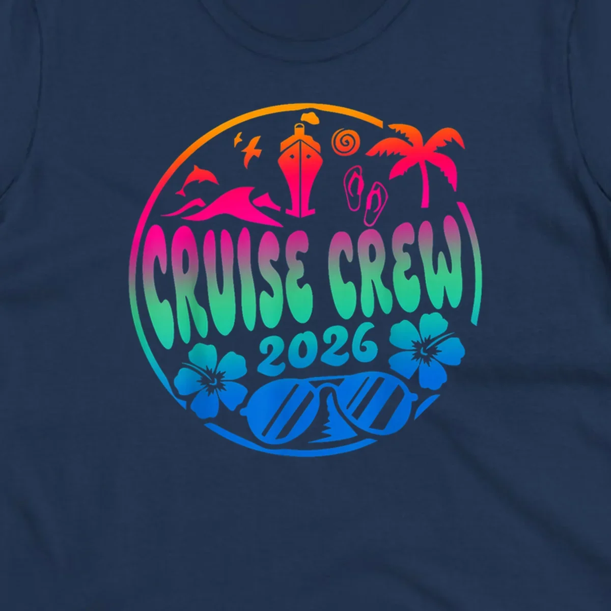 A colorful circular graphic for a family cruise crew 2026, featuring a ship, palm tree, dolphins, flowers, and sunglasses.