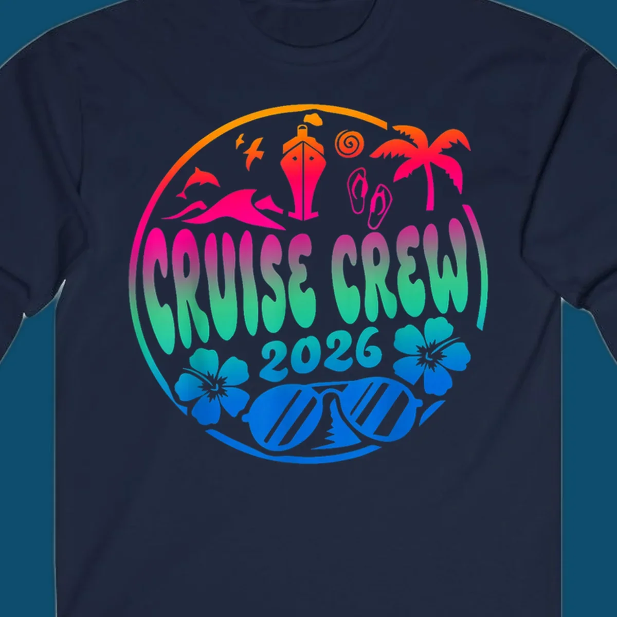 A colorful circular graphic for a family cruise crew 2026, featuring a ship, palm tree, dolphins, flowers, and sunglasses.