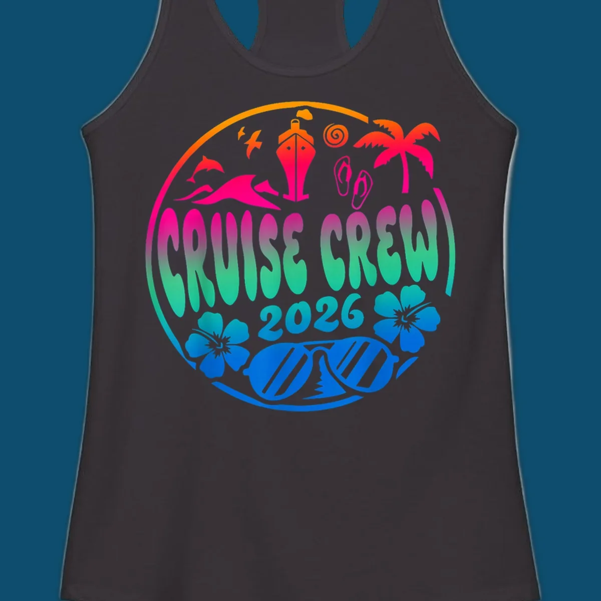 A colorful circular graphic for a family cruise crew 2026, featuring a ship, palm tree, dolphins, flowers, and sunglasses.