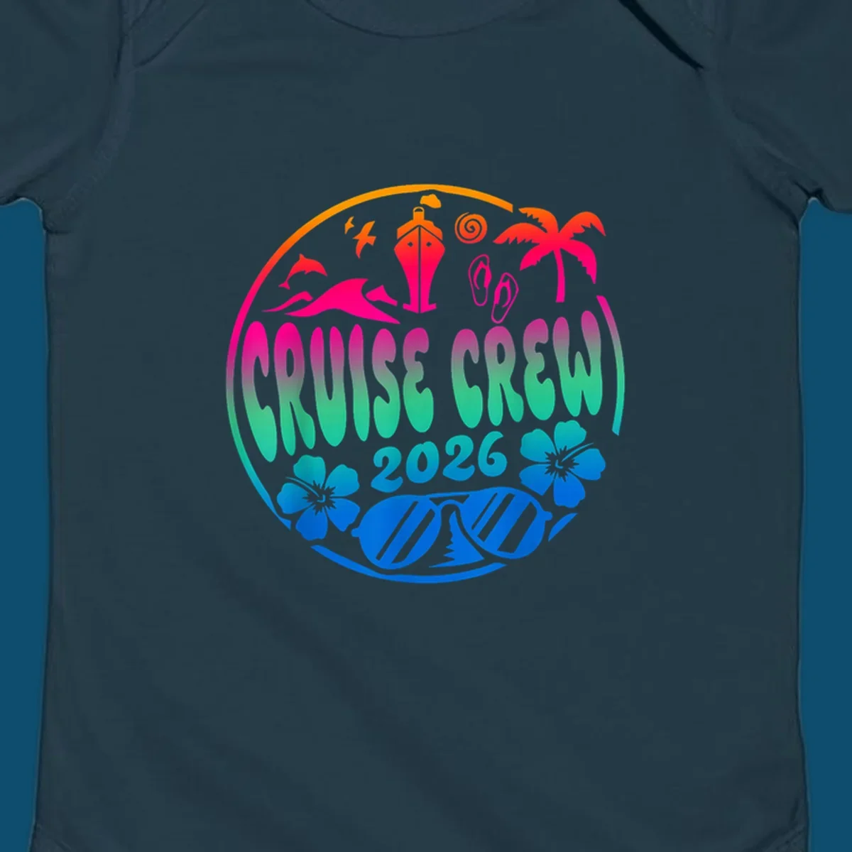 A colorful circular graphic for a family cruise crew 2026, featuring a ship, palm tree, dolphins, flowers, and sunglasses.