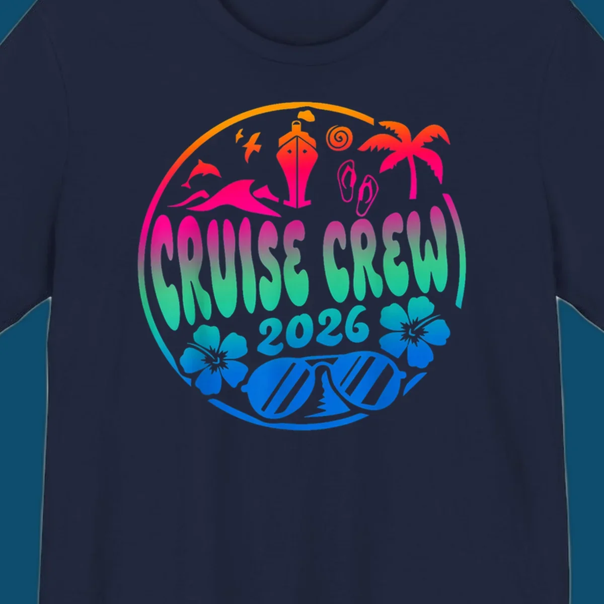 A colorful circular graphic for a family cruise crew 2026, featuring a ship, palm tree, dolphins, flowers, and sunglasses.