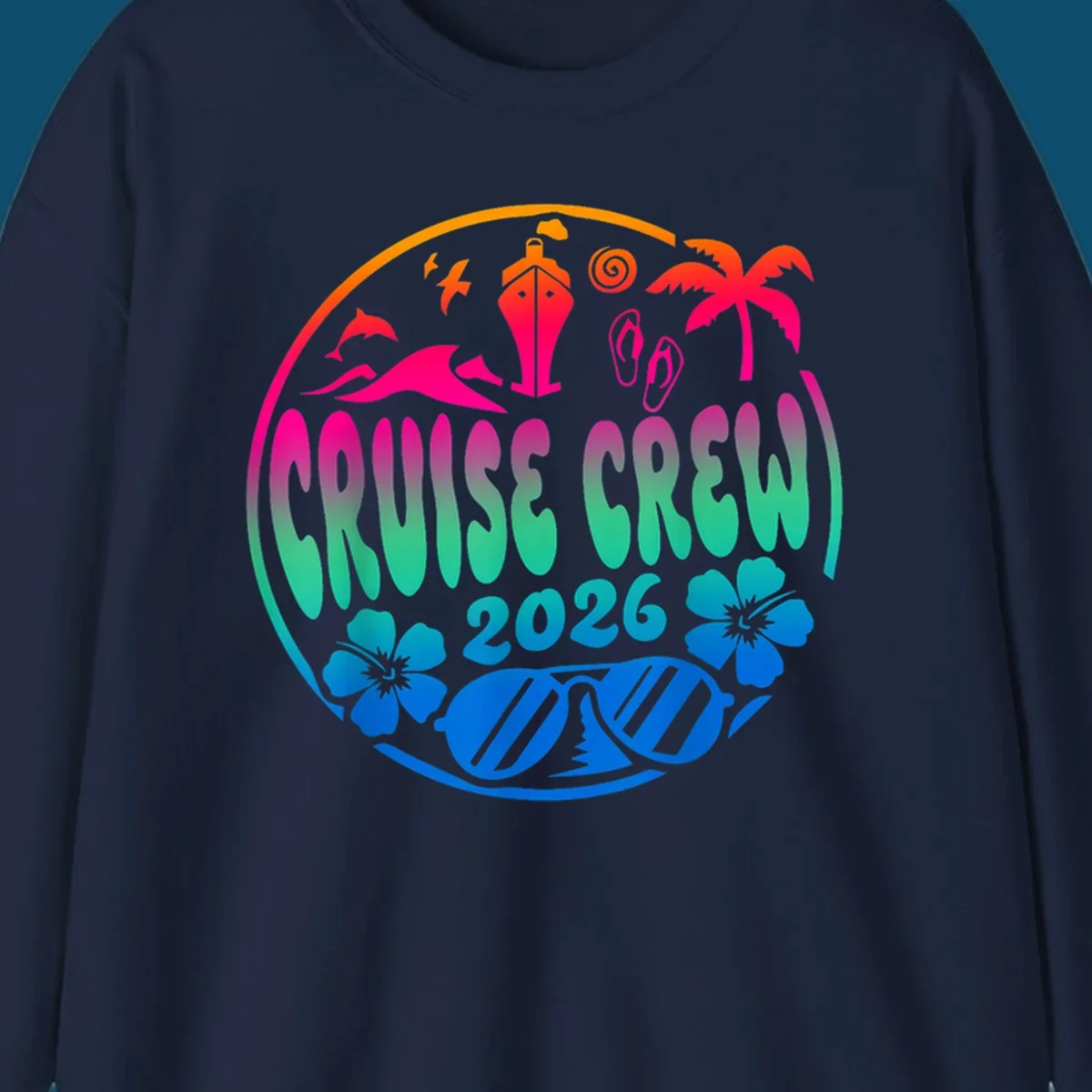 A colorful circular graphic for a family cruise crew 2026, featuring a ship, palm tree, dolphins, flowers, and sunglasses.