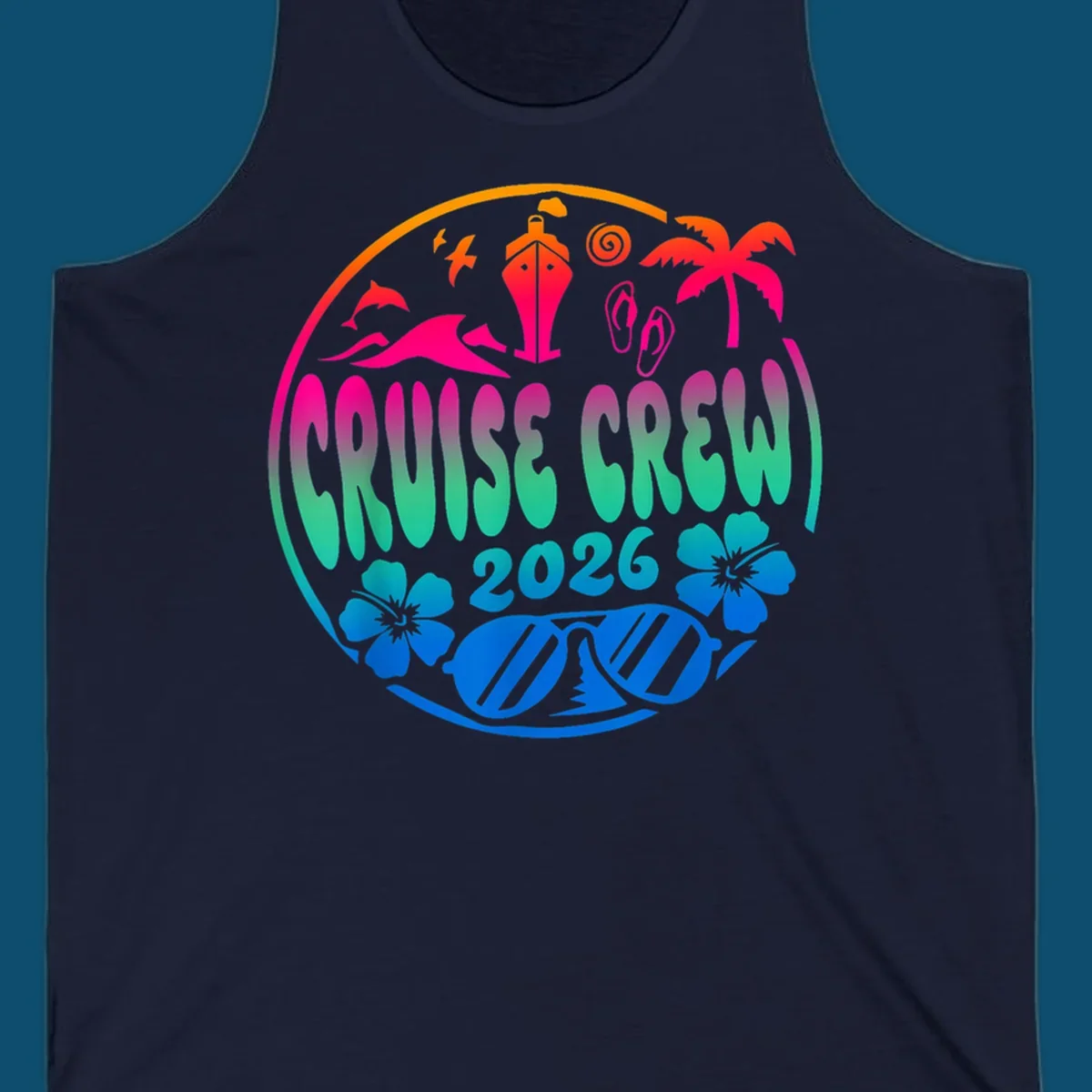 A colorful circular graphic for a family cruise crew 2026, featuring a ship, palm tree, dolphins, flowers, and sunglasses.