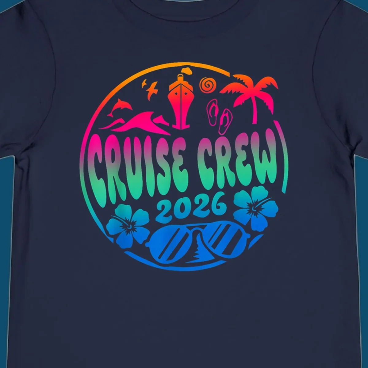 A colorful circular graphic for a family cruise crew 2026, featuring a ship, palm tree, dolphins, flowers, and sunglasses.