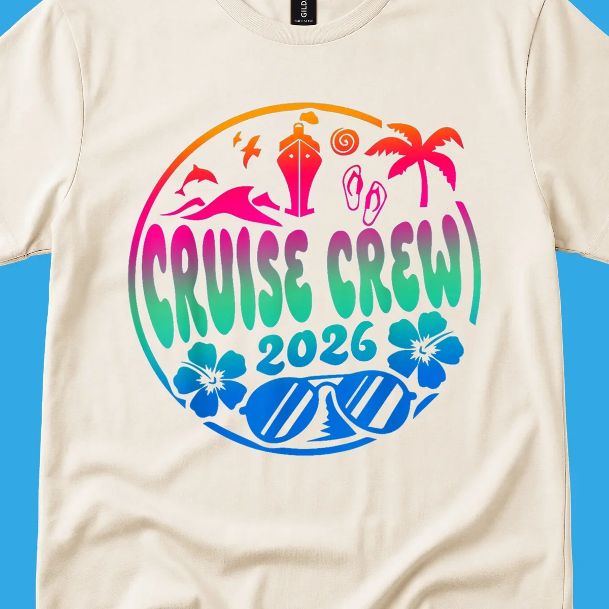 A colorful circular graphic for a family cruise crew 2026, featuring a ship, palm tree, dolphins, flowers, and sunglasses.