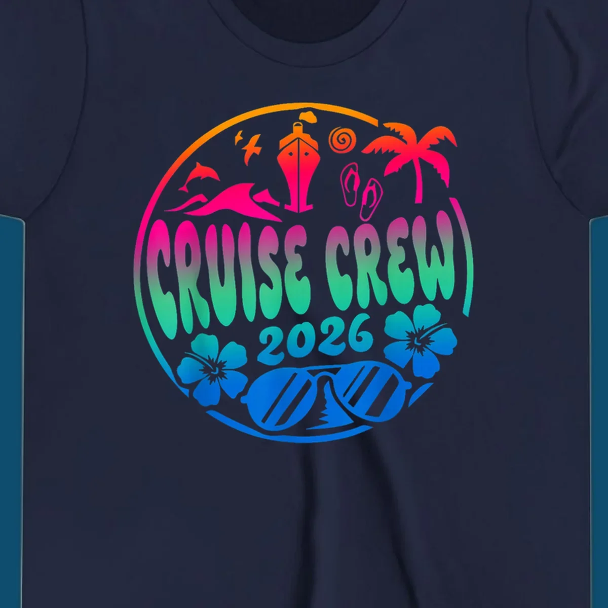 A colorful circular graphic for a family cruise crew 2026, featuring a ship, palm tree, dolphins, flowers, and sunglasses.