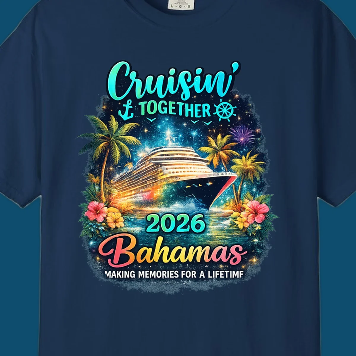 A vibrant cruise ship sails on sparkling water, framed by palm trees and tropical flowers, with "Cruisin' TOGETHER 2026 Bahamas" text.
